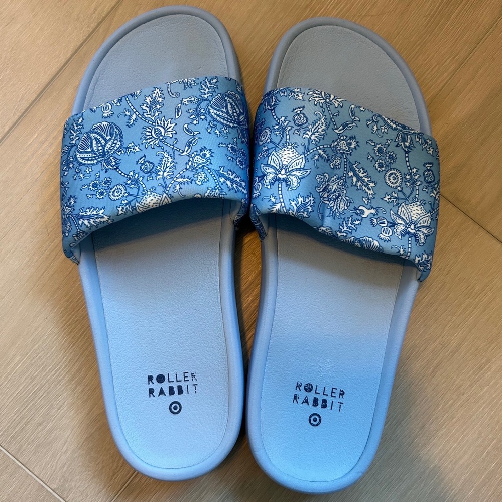 Roller Rabbit x Target Blue Floral Block Print Slide Sandals Womens Size 10 - Picture 4 of 6